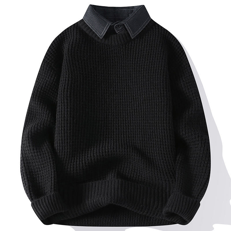Winter Black Stand Collar Waffle Pattern Warm Men's Long Sleeve Knitted Sweater