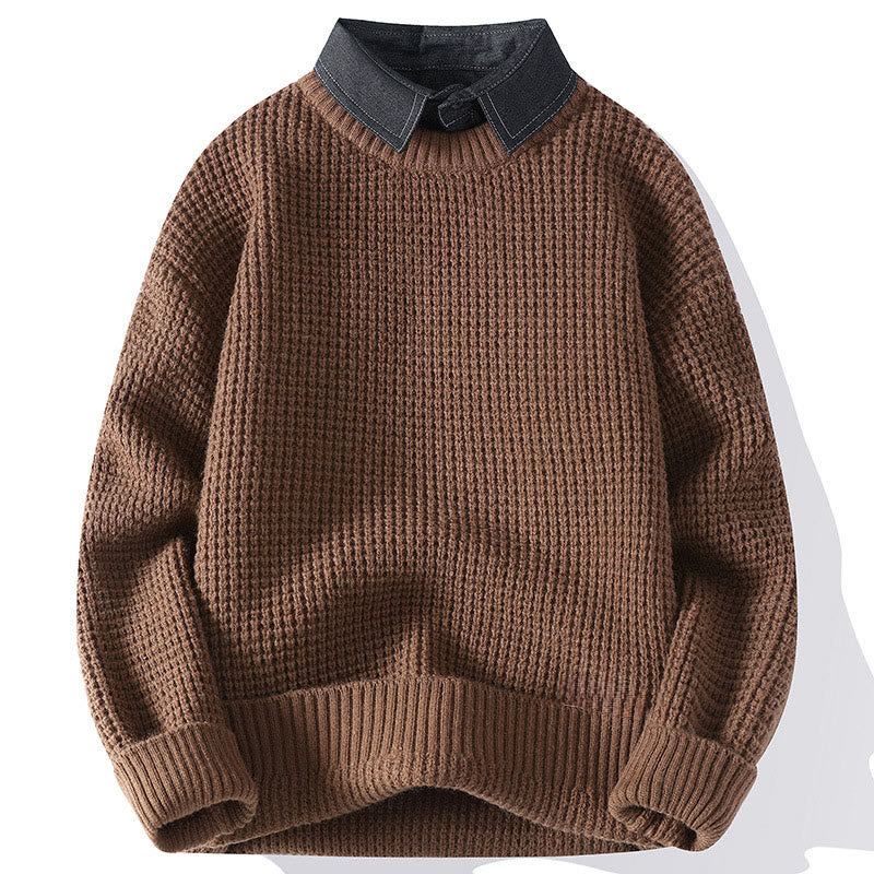Winter Black Stand Collar Waffle Pattern Warm Men's Long Sleeve Knitted Sweater