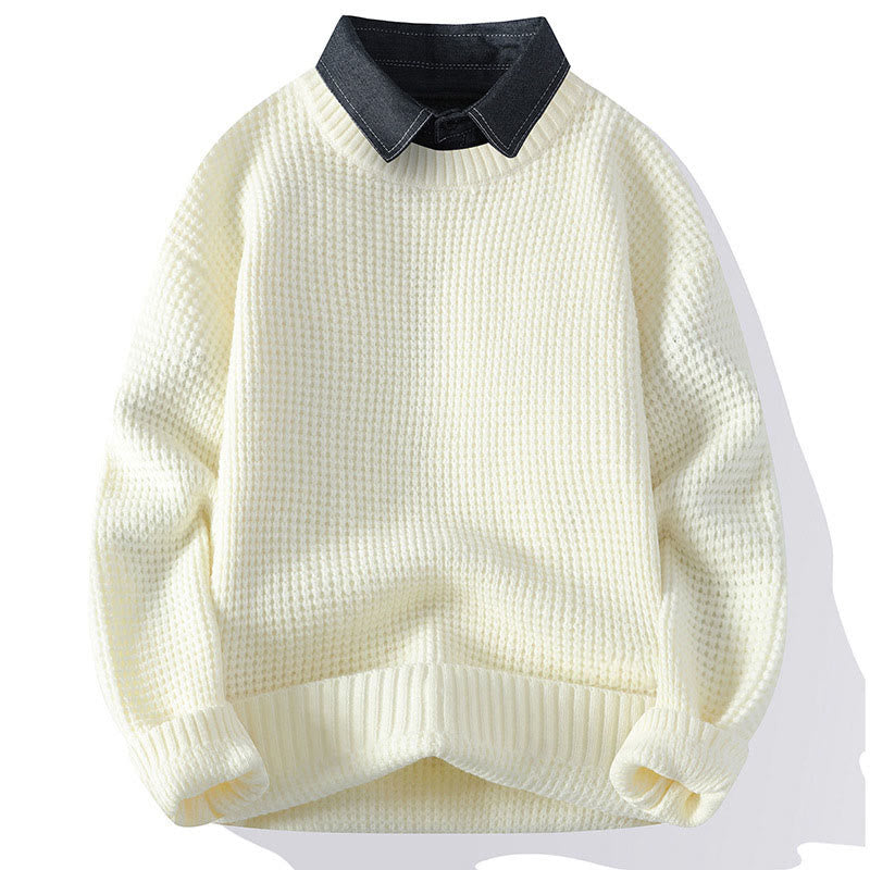 Winter Black Stand Collar Waffle Pattern Warm Men's Long Sleeve Knitted Sweater