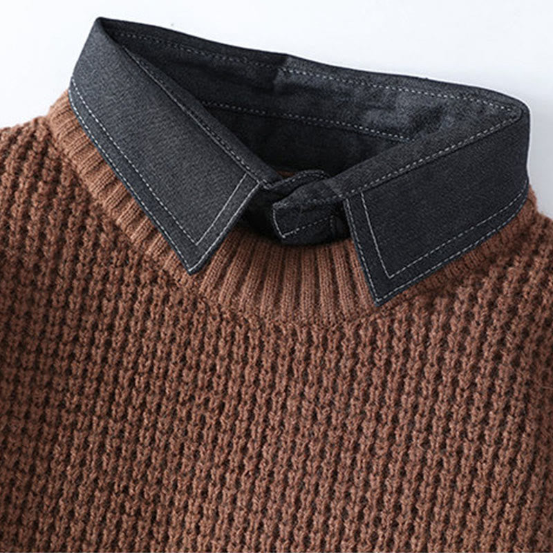 Winter Black Stand Collar Waffle Pattern Warm Men's Long Sleeve Knitted Sweater