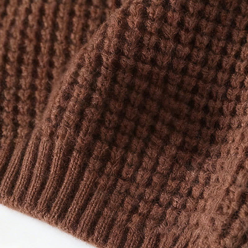 Winter Black Stand Collar Waffle Pattern Warm Men's Long Sleeve Knitted Sweater