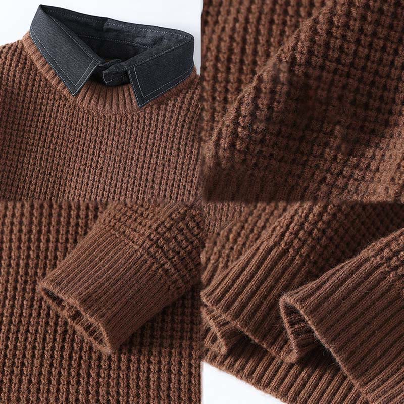 Winter Black Stand Collar Waffle Pattern Warm Men's Long Sleeve Knitted Sweater