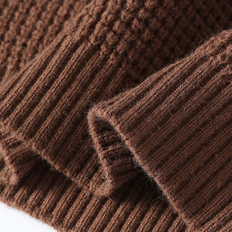 Winter Black Stand Collar Waffle Pattern Warm Men's Long Sleeve Knitted Sweater