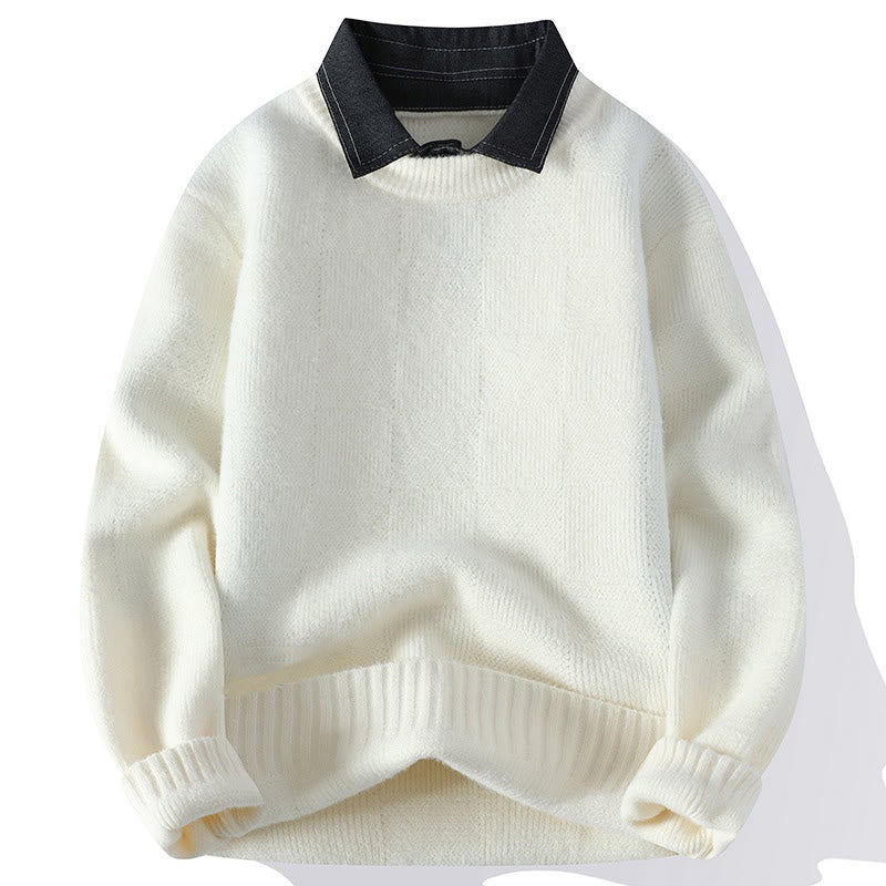 Winter Black Stand Collar Plaid Pattern Warm Men's Long Sleeve Knitted Sweater