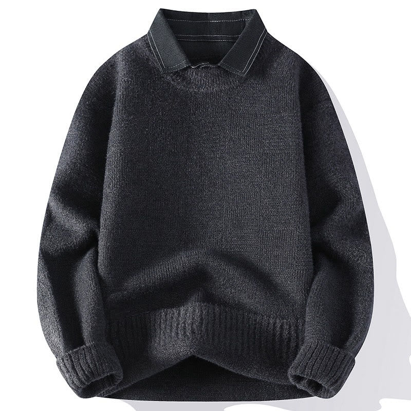 Winter Black Stand Collar Plaid Pattern Warm Men's Long Sleeve Knitted Sweater