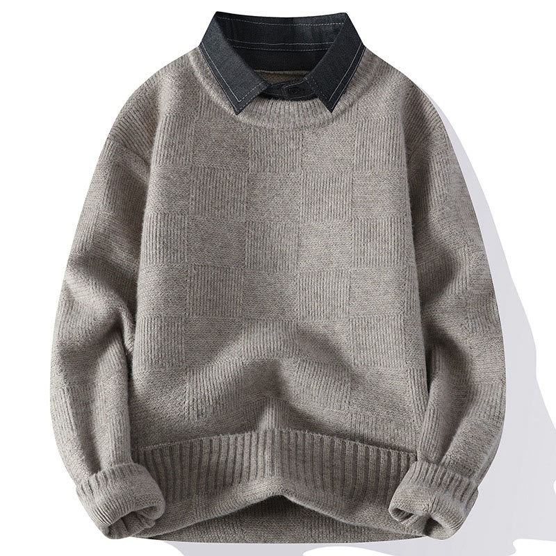 Winter Black Stand Collar Plaid Pattern Warm Men's Long Sleeve Knitted Sweater