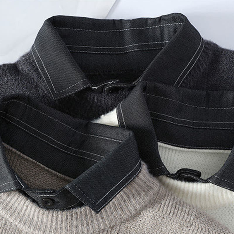 Winter Black Stand Collar Plaid Pattern Warm Men's Long Sleeve Knitted Sweater