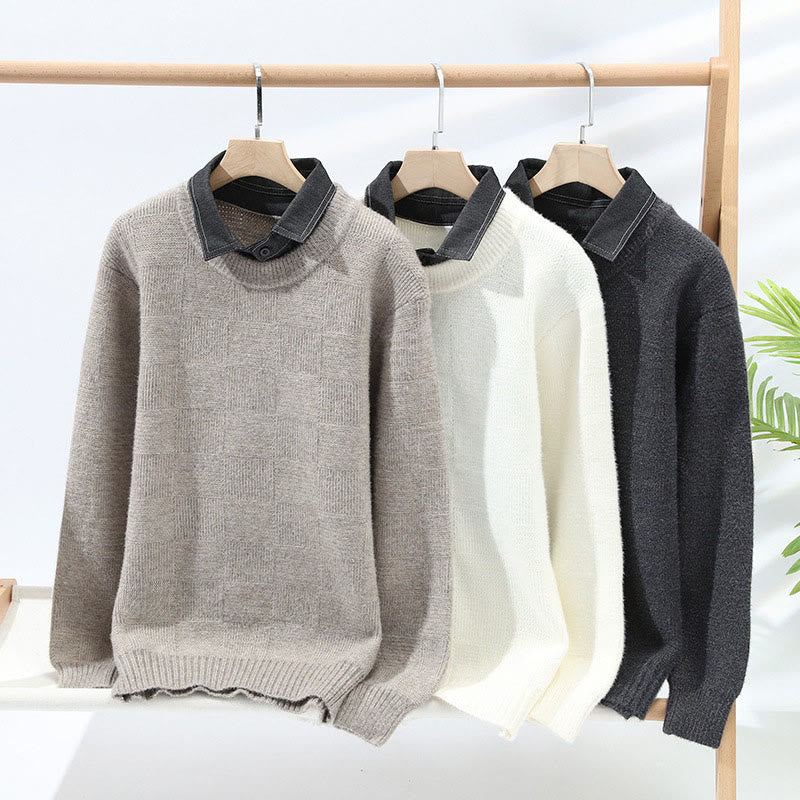 Winter Black Stand Collar Plaid Pattern Warm Men's Long Sleeve Knitted Sweater