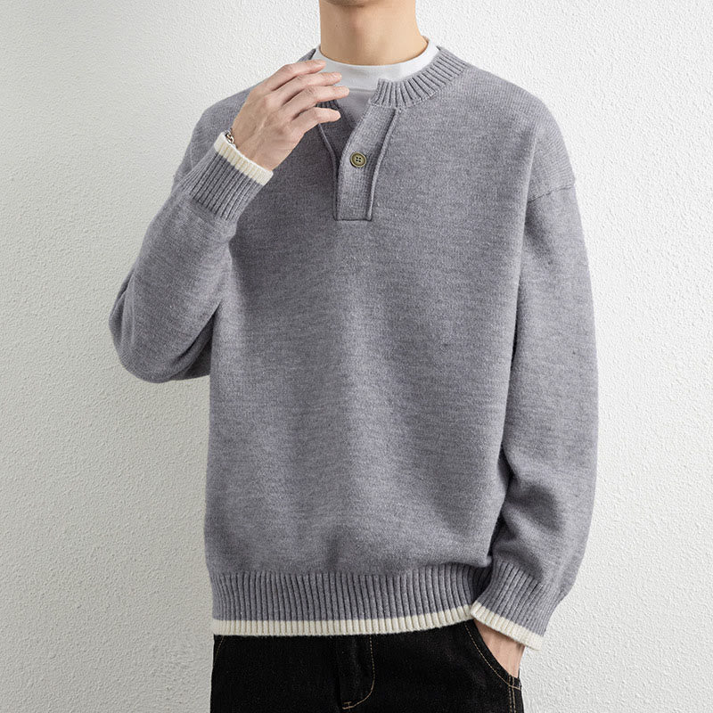 Winter V-Neck One Button Design Warm Men's Long Sleeve Knitted Sweater