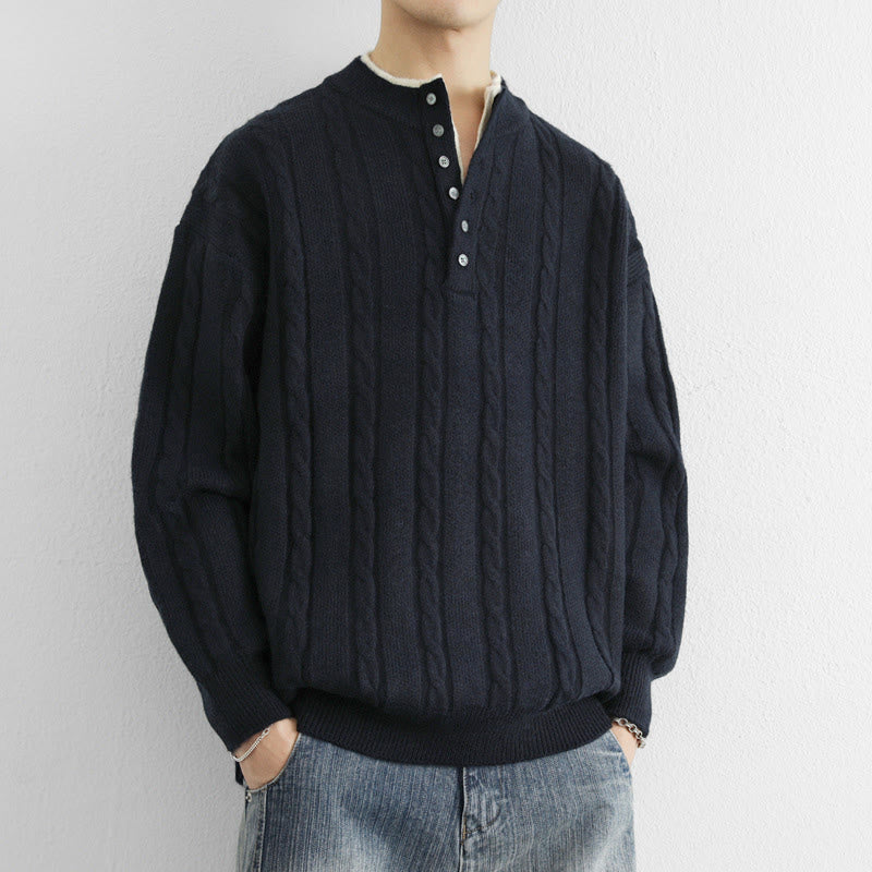 Winter V-Neck Buttons Twisted Design Warm Men's Long Sleeve Knitted Sweater