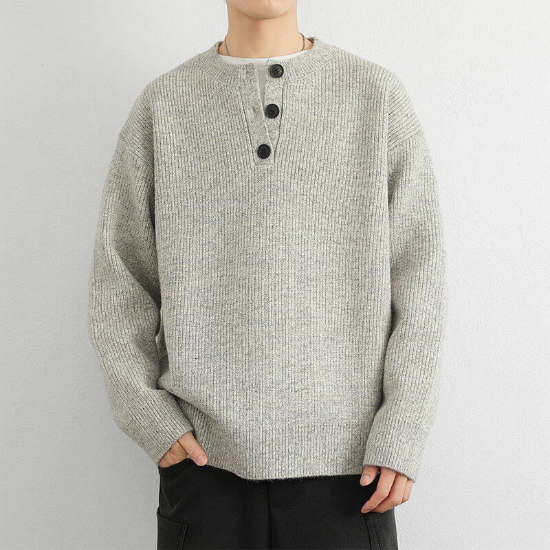 Tactile Ribbed Knit Buttoned V-Neck Grounding Men's Sweater
