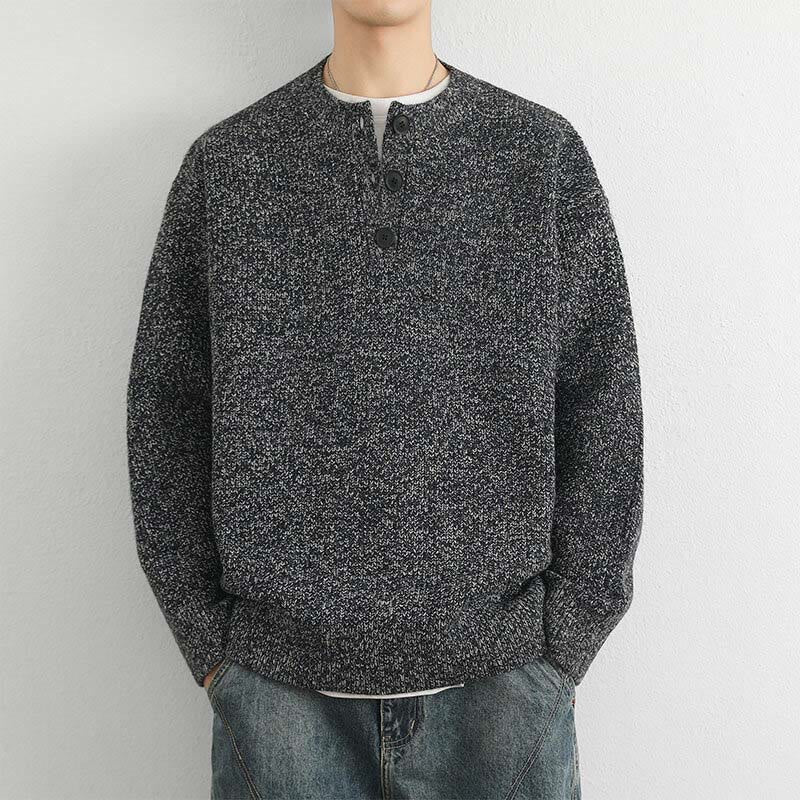 Tactile Ribbed Knit Buttoned V-Neck Grounding Men's Sweater