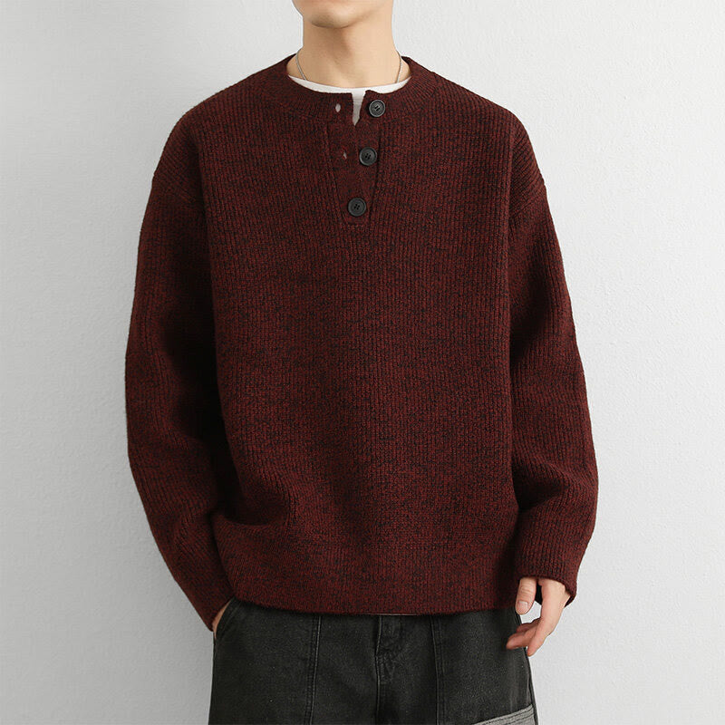 Tactile Ribbed Knit Buttoned V-Neck Grounding Men's Sweater