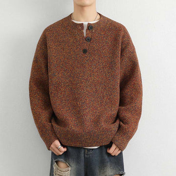 Tactile Ribbed Knit Buttoned V-Neck Grounding Men's Sweater