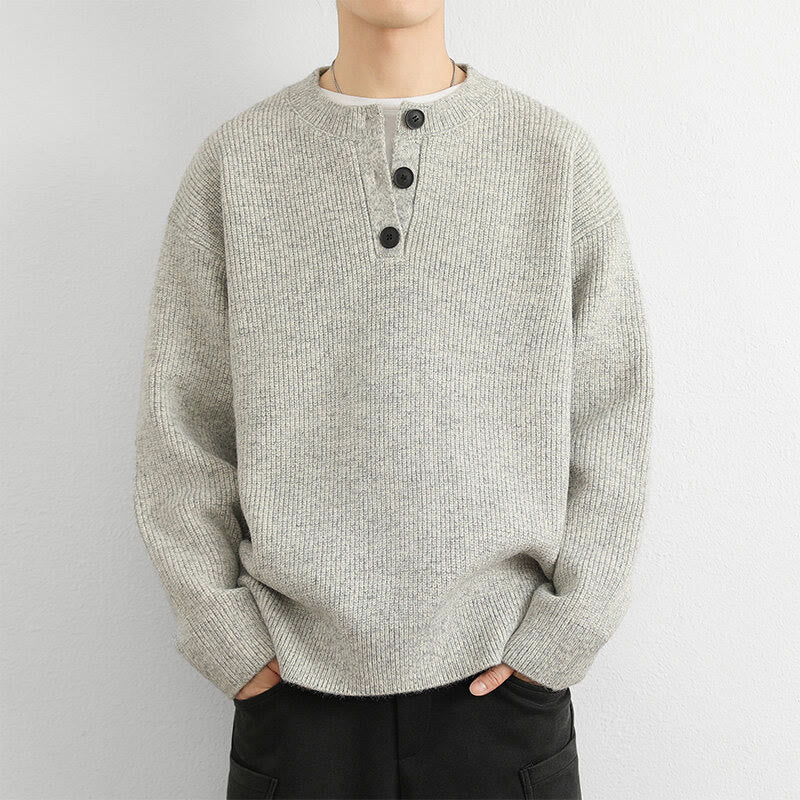 Tactile Ribbed Knit Buttoned V-Neck Grounding Men's Sweater