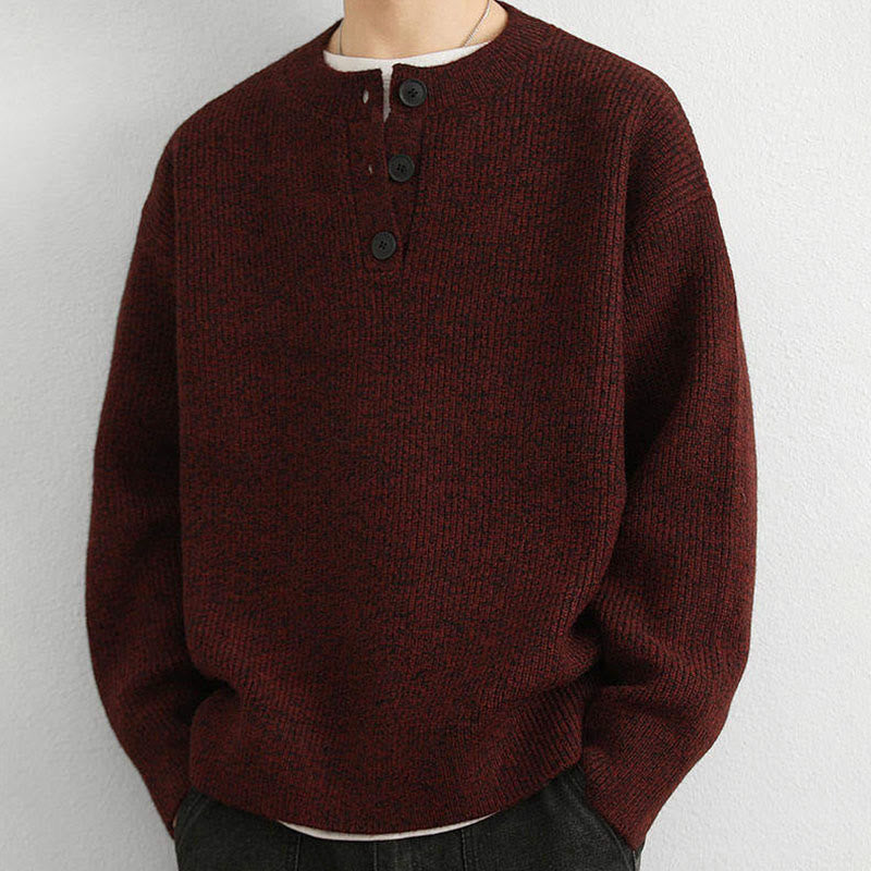 Tactile Ribbed Knit Buttoned V-Neck Grounding Men's Sweater