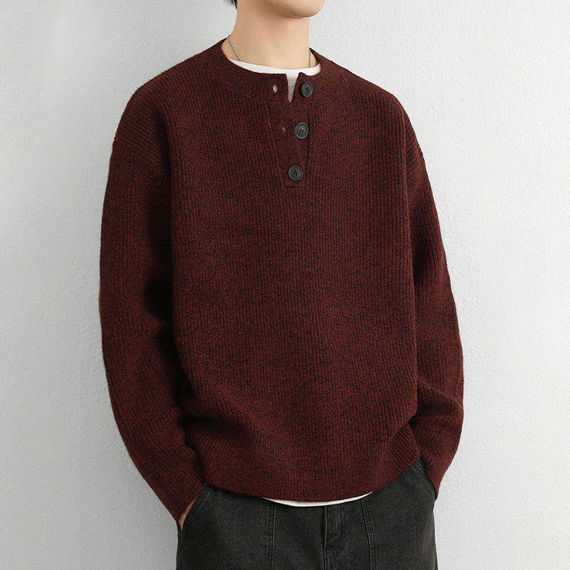 Tactile Ribbed Knit Buttoned V-Neck Grounding Men's Sweater