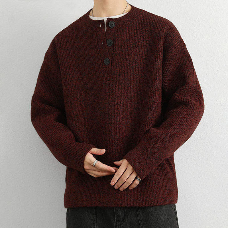 Tactile Ribbed Knit Buttoned V-Neck Grounding Men's Sweater