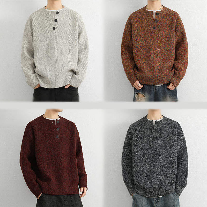 Tactile Ribbed Knit Buttoned V-Neck Grounding Men's Sweater
