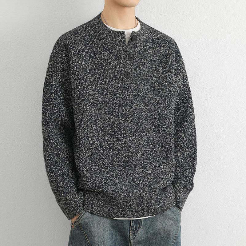 Tactile Ribbed Knit Buttoned V-Neck Grounding Men's Sweater