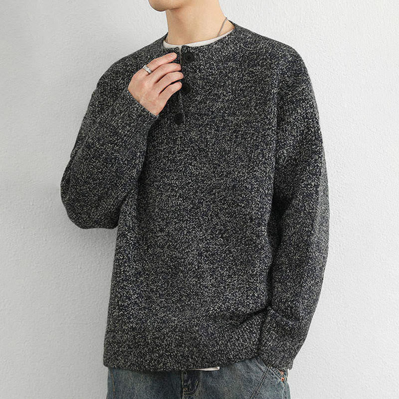 Tactile Ribbed Knit Buttoned V-Neck Grounding Men's Sweater