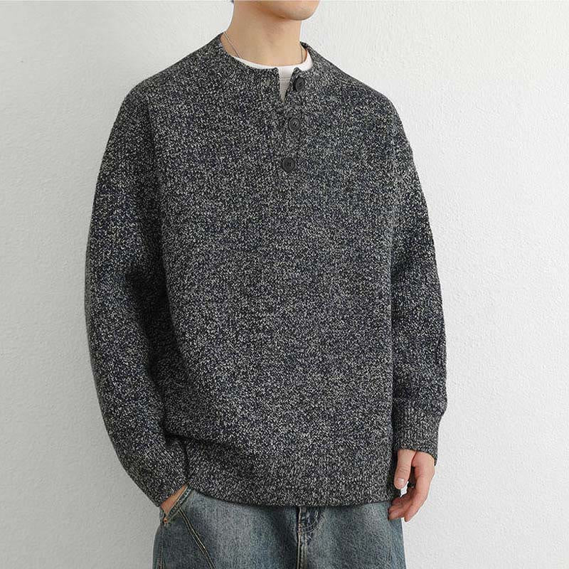Tactile Ribbed Knit Buttoned V-Neck Grounding Men's Sweater