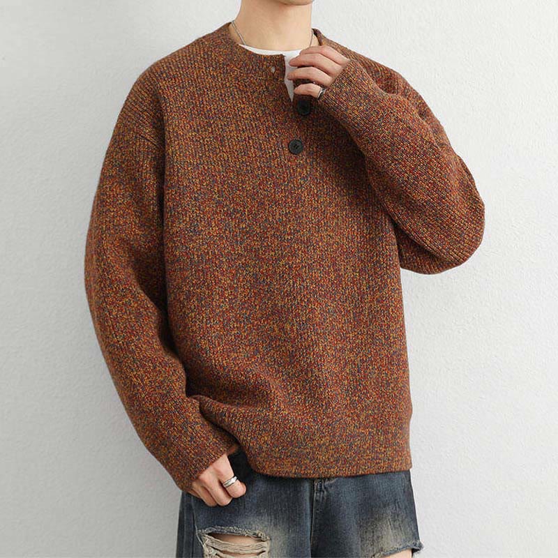 Tactile Ribbed Knit Buttoned V-Neck Grounding Men's Sweater