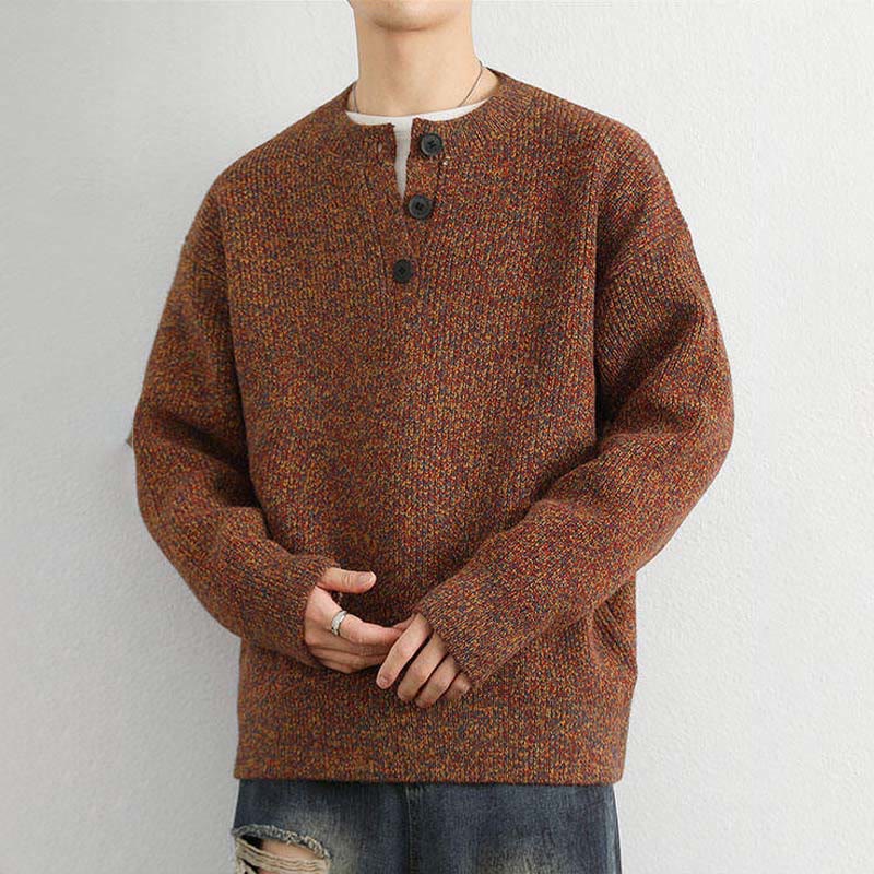 Tactile Ribbed Knit Buttoned V-Neck Grounding Men's Sweater
