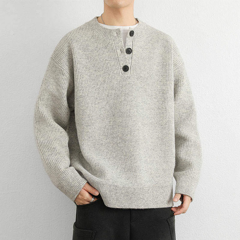 Tactile Ribbed Knit Buttoned V-Neck Grounding Men's Sweater