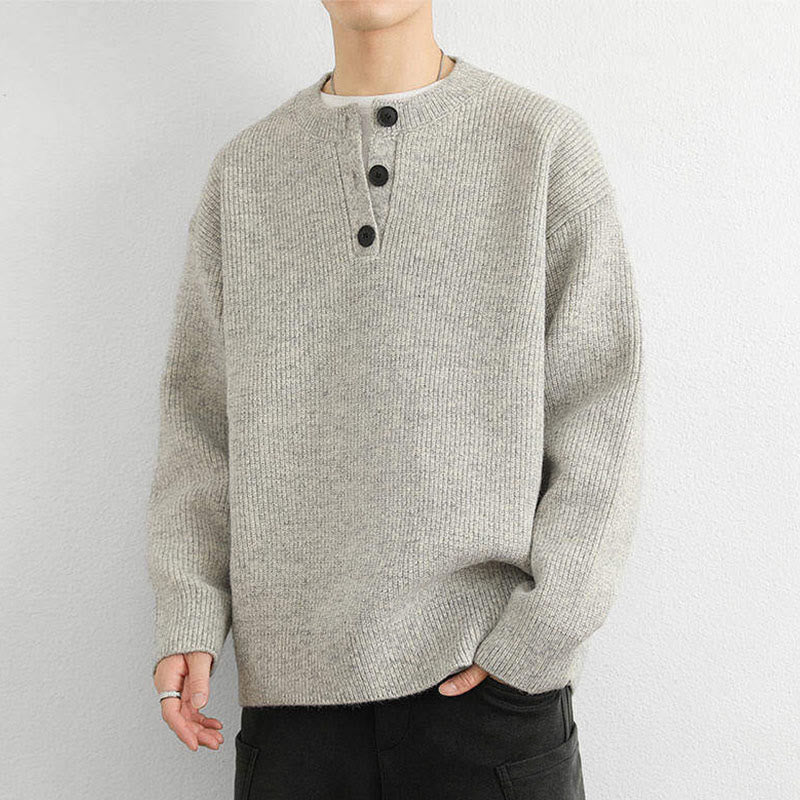Tactile Ribbed Knit Buttoned V-Neck Grounding Men's Sweater
