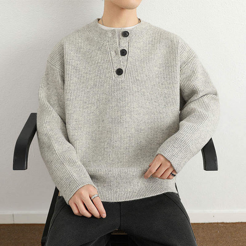 Tactile Ribbed Knit Buttoned V-Neck Grounding Men's Sweater