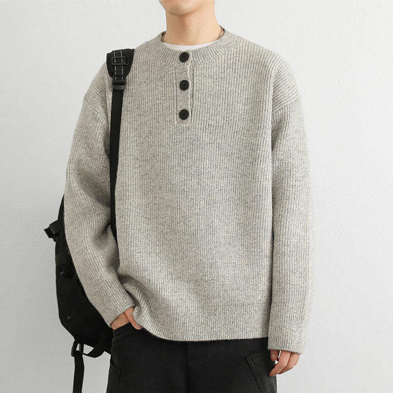 Tactile Ribbed Knit Buttoned V-Neck Grounding Men's Sweater