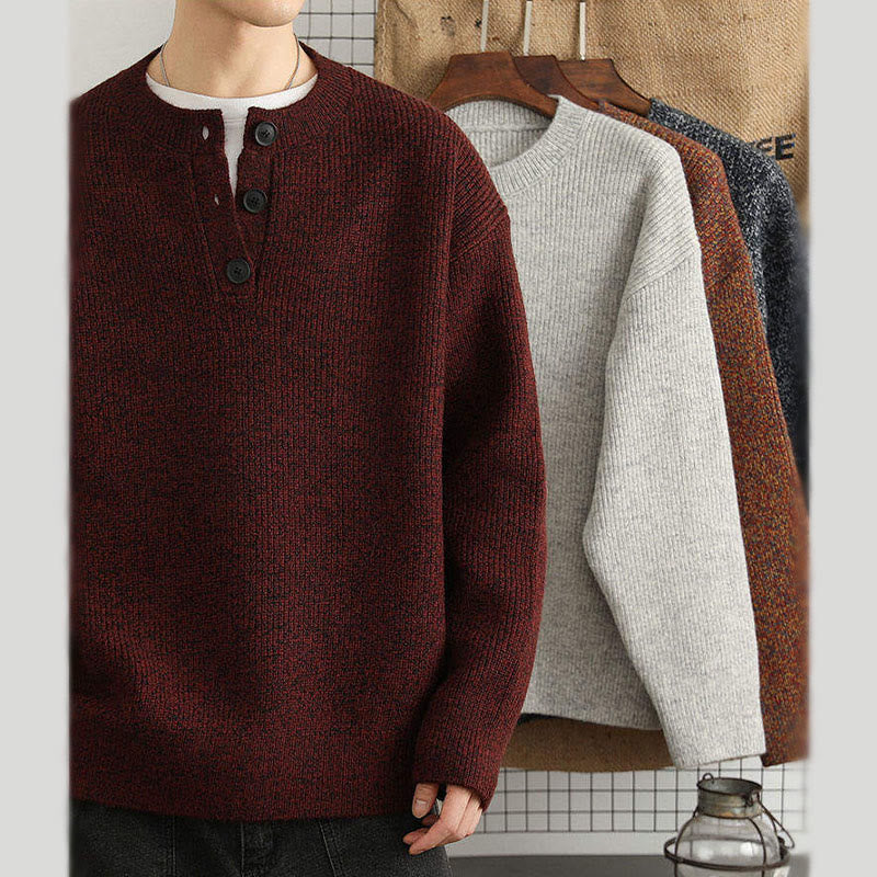 Tactile Ribbed Knit Buttoned V-Neck Grounding Men's Sweater