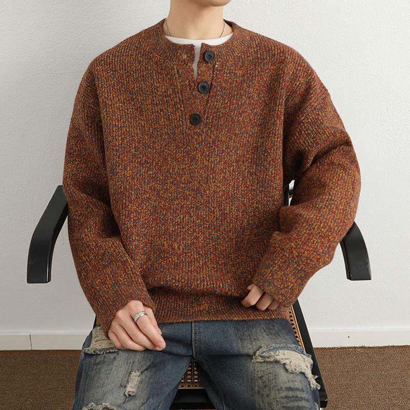 Tactile Ribbed Knit Buttoned V-Neck Grounding Men's Sweater