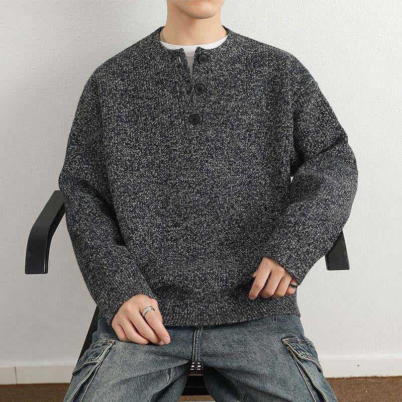 Tactile Ribbed Knit Buttoned V-Neck Grounding Men's Sweater