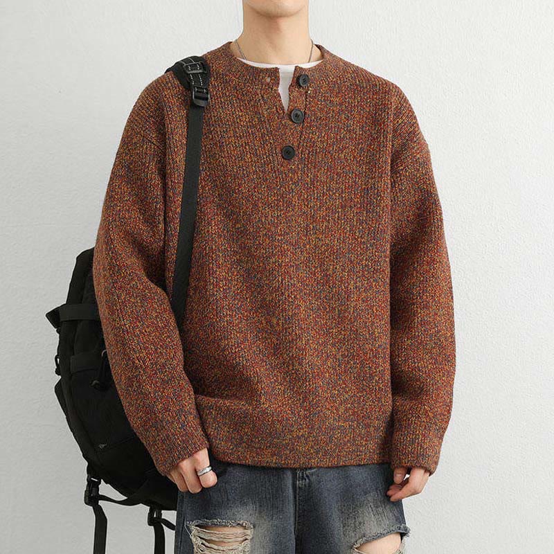 Tactile Ribbed Knit Buttoned V-Neck Grounding Men's Sweater