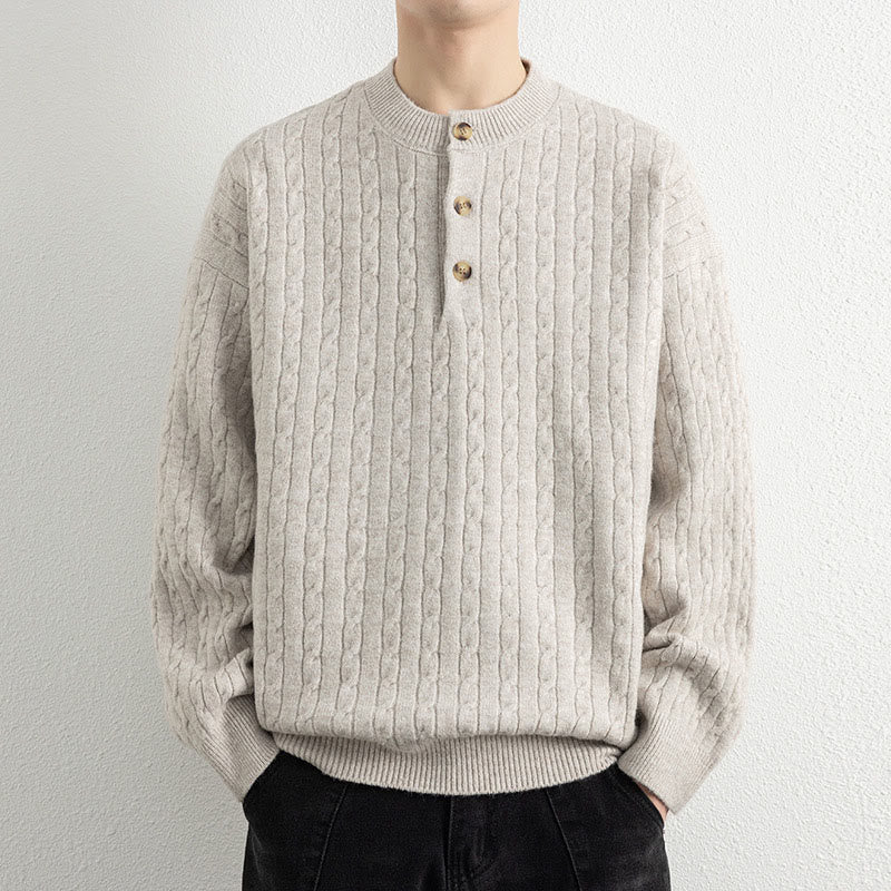 Winter Crew Neck Three Buttons Twisted Design Warm Men's Long Sleeve Knitted Sweater