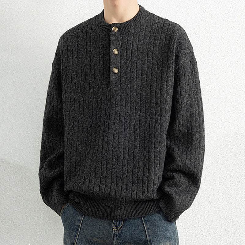 Winter Crew Neck Three Buttons Twisted Design Warm Men's Long Sleeve Knitted Sweater