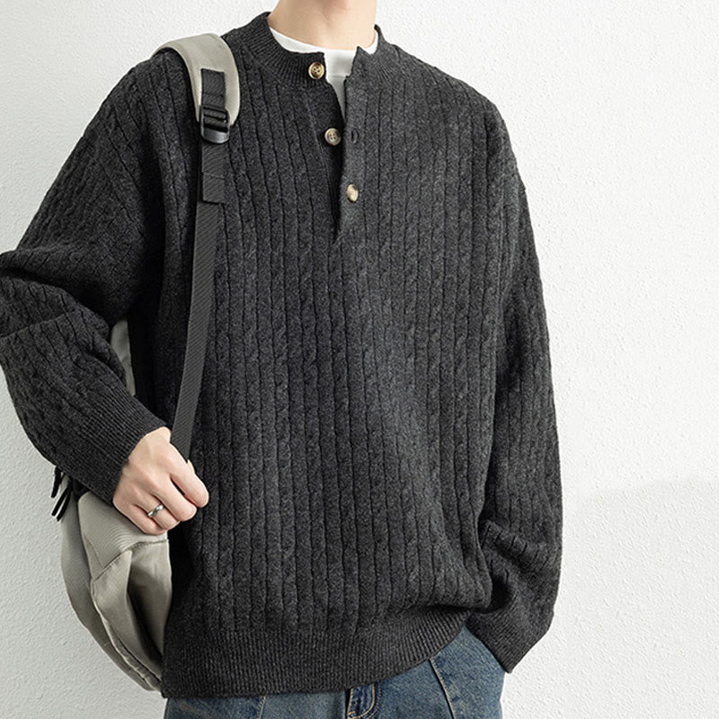 Winter Crew Neck Three Buttons Twisted Design Warm Men's Long Sleeve Knitted Sweater