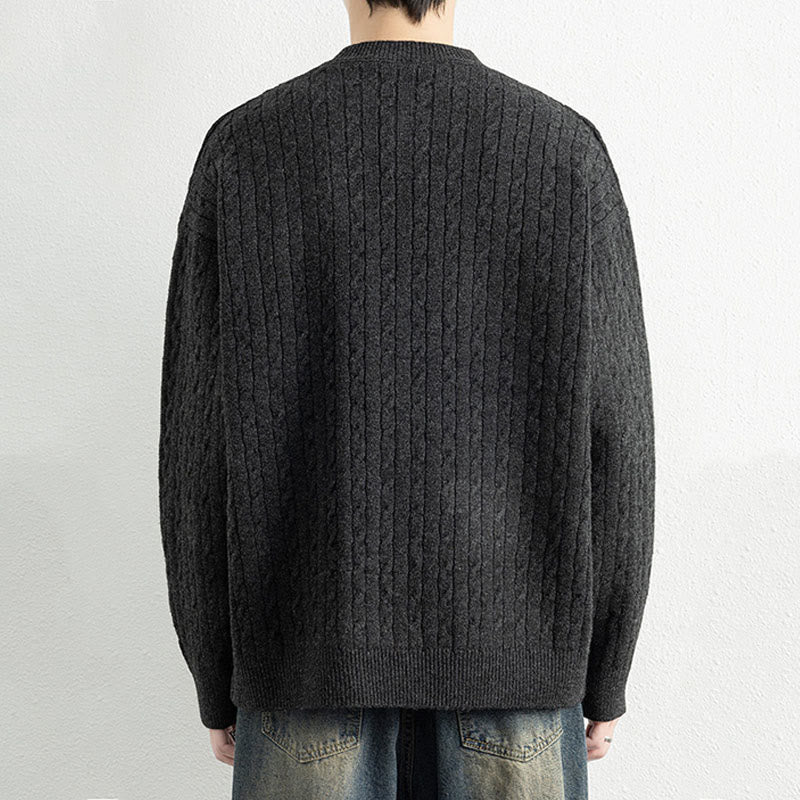 Winter Crew Neck Three Buttons Twisted Design Warm Men's Long Sleeve Knitted Sweater