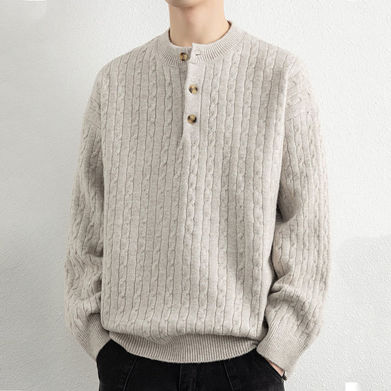Winter Crew Neck Three Buttons Twisted Design Warm Men's Long Sleeve Knitted Sweater