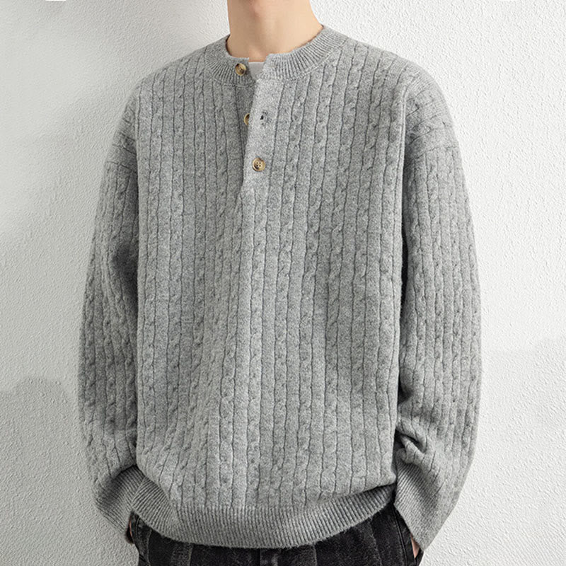 Winter Crew Neck Three Buttons Twisted Design Warm Men's Long Sleeve Knitted Sweater