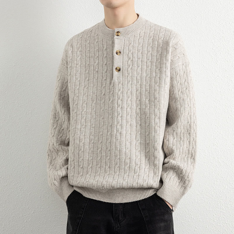 Winter Crew Neck Three Buttons Twisted Design Warm Men's Long Sleeve Knitted Sweater