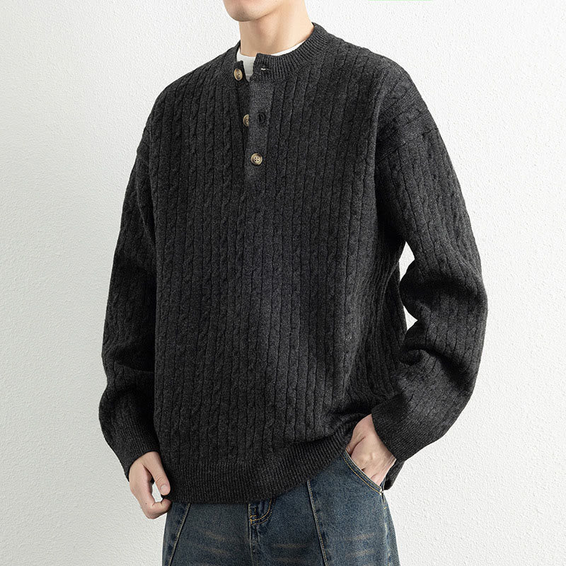 Winter Crew Neck Three Buttons Twisted Design Warm Men's Long Sleeve Knitted Sweater
