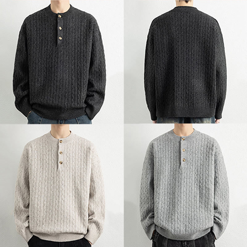 Winter Crew Neck Three Buttons Twisted Design Warm Men's Long Sleeve Knitted Sweater