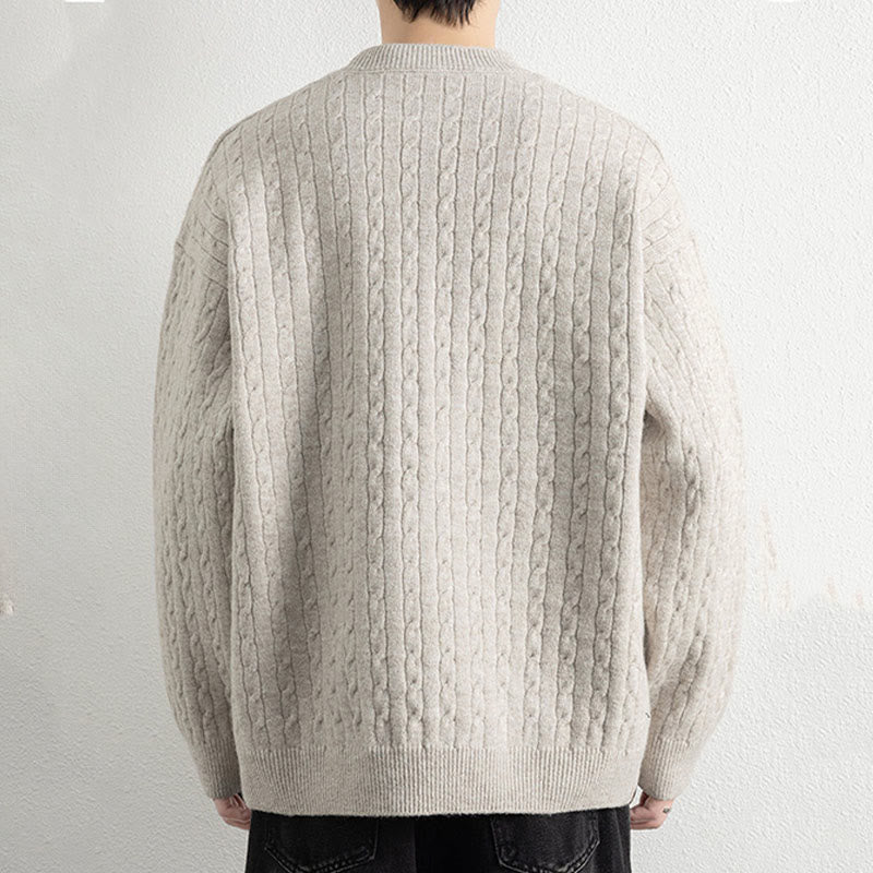 Winter Crew Neck Three Buttons Twisted Design Warm Men's Long Sleeve Knitted Sweater