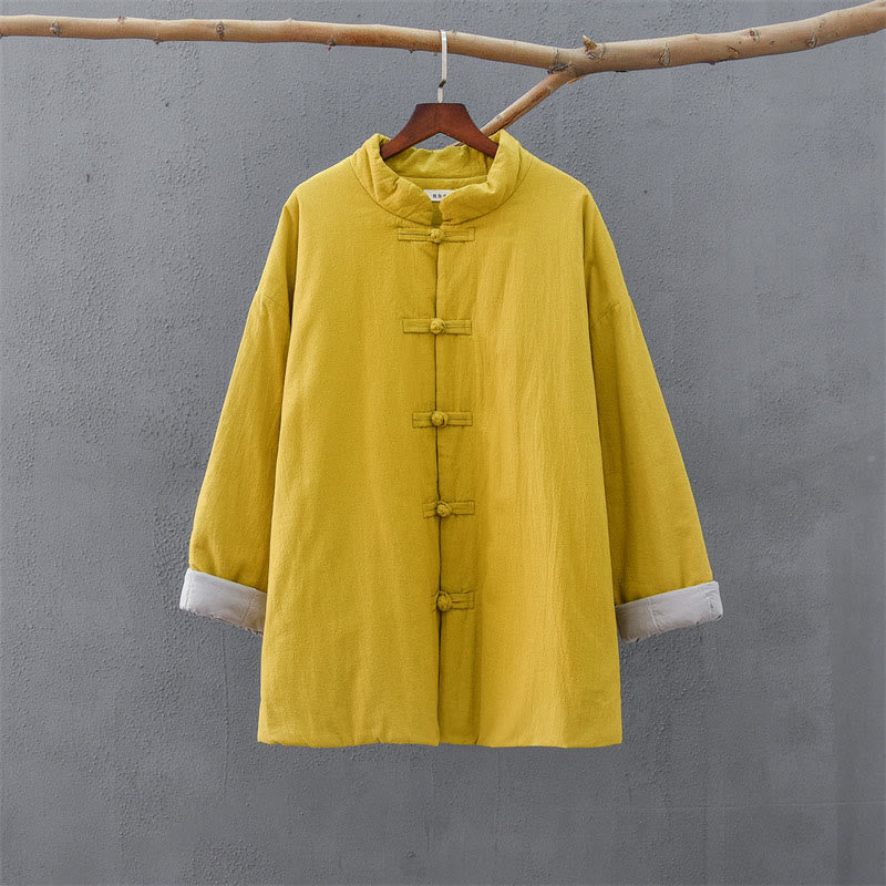 Winter Solid Frog-Button Long Sleeve Cotton Women's Thermal Jacket With Pockets