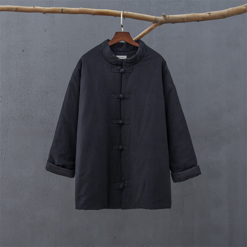 Winter Solid Frog-Button Long Sleeve Cotton Women's Thermal Jacket With Pockets