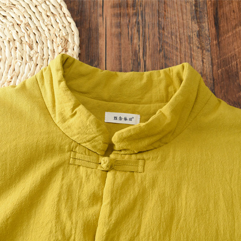 Winter Solid Frog-Button Long Sleeve Cotton Women's Thermal Jacket With Pockets