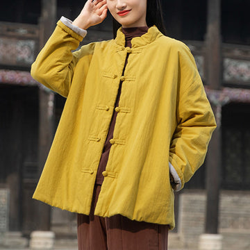 Winter Solid Frog-Button Long Sleeve Cotton Women's Thermal Jacket With Pockets